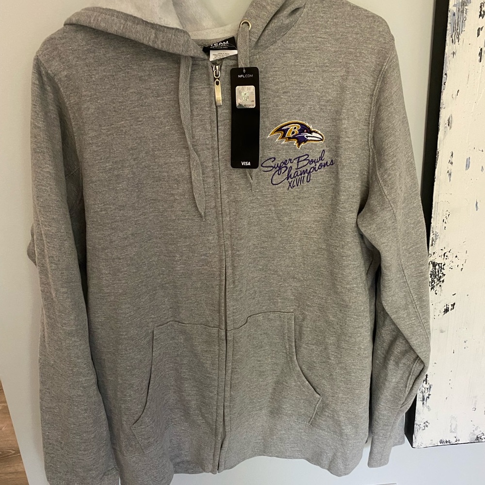 NWT NFL Team Apparel Ravens Super Bowl XLVII Champions zip up hoodie. Gray. XL